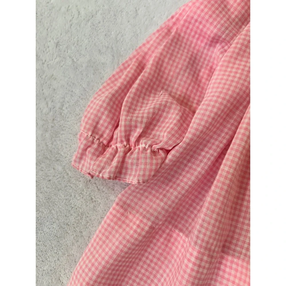 The Smockery Smocked Dress Pink Gingham Vintage Peter Pan Collar Size M